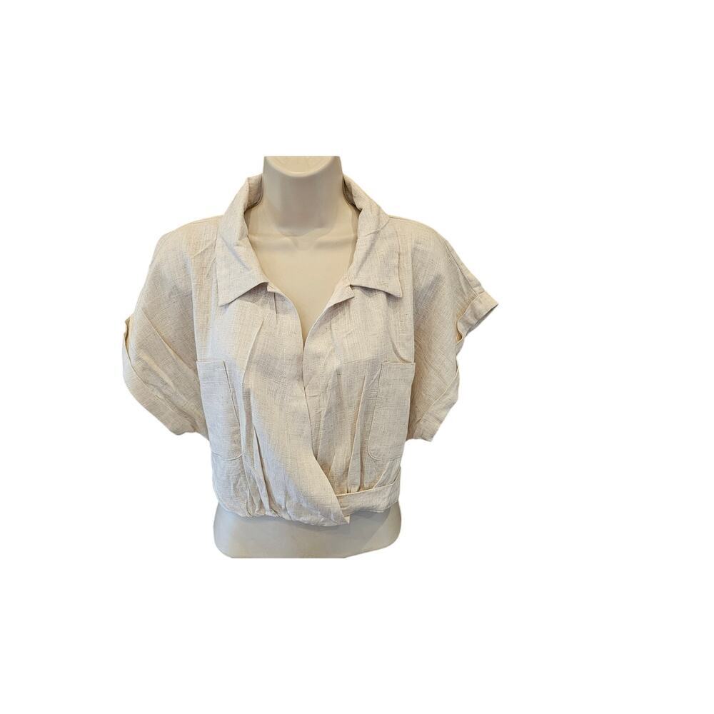 NWT AAKAA sz L neutral 100% linen beige short sleeve Cinched bottom faux wrap